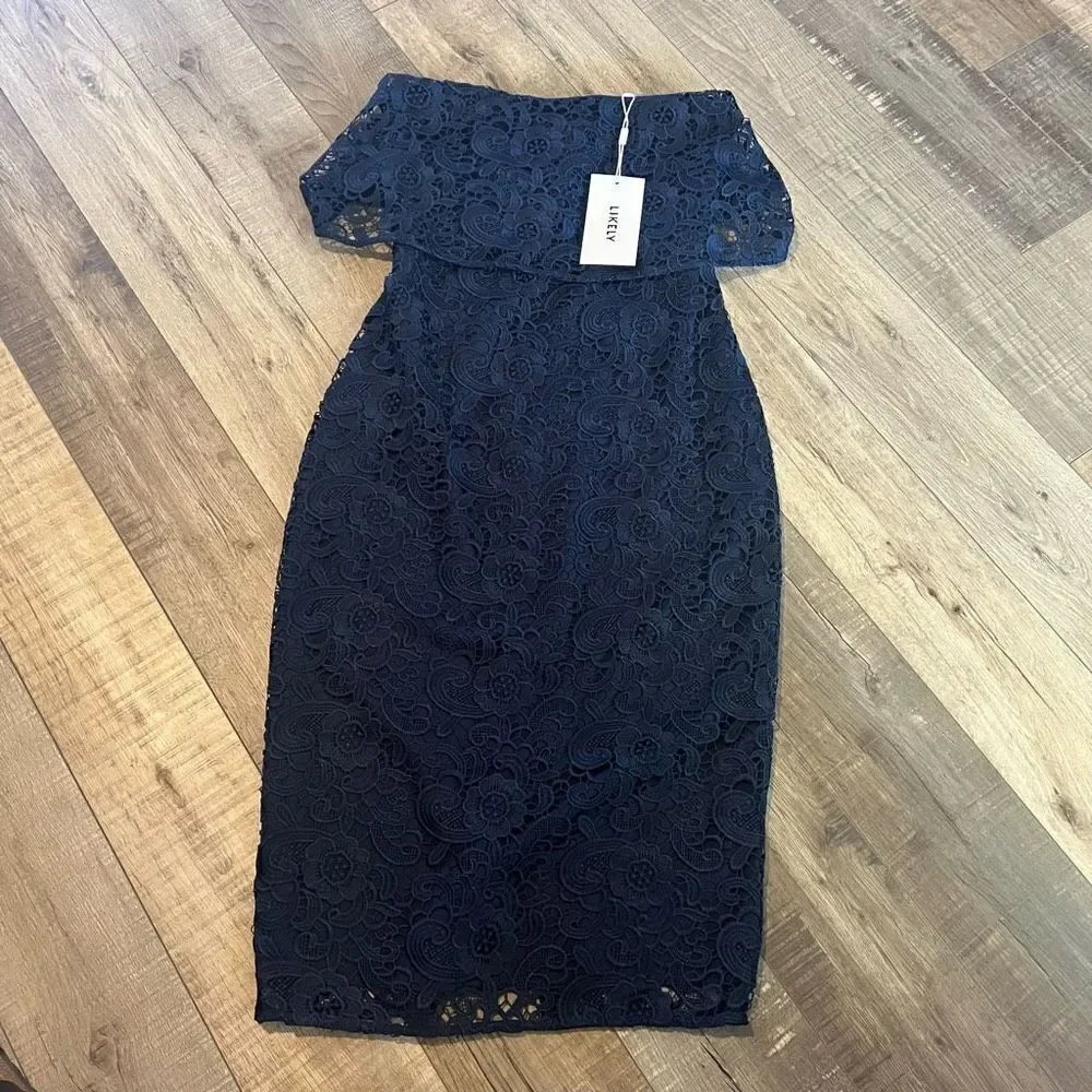 Likely Driggs Navy Blue Lace Dress Midi size 0